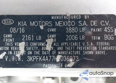 2017 Kia Forte Lx from USA, damaged, VIN 3KPFK4A77HE036973